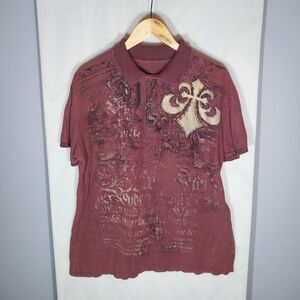 Affliction Skull Graphic Polo Shirt Mens XL Y2K Burgundy Gothic Biker Grunge